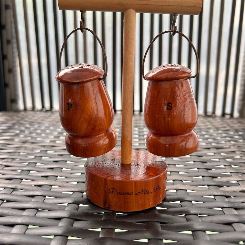 Vintage Pocono Mts. PA Wooden Hanging Salt and Pepper Shaker Set
